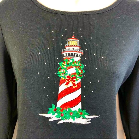 Karen Scott Black Christmas Lighthouse Top Long Sleeve Round Neck T Shirt Style - Picture 3 of 16